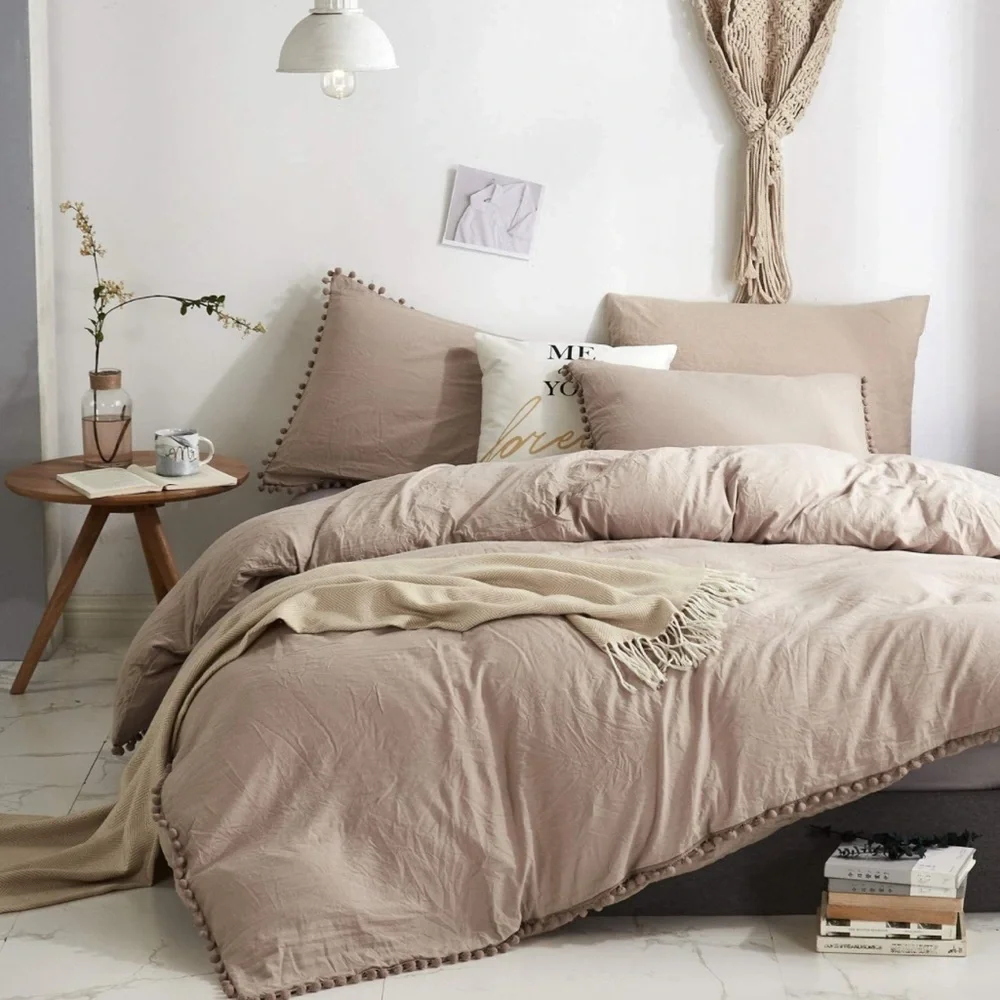 - New Khaki color Pom Pom Fringe Duvet Cover Set